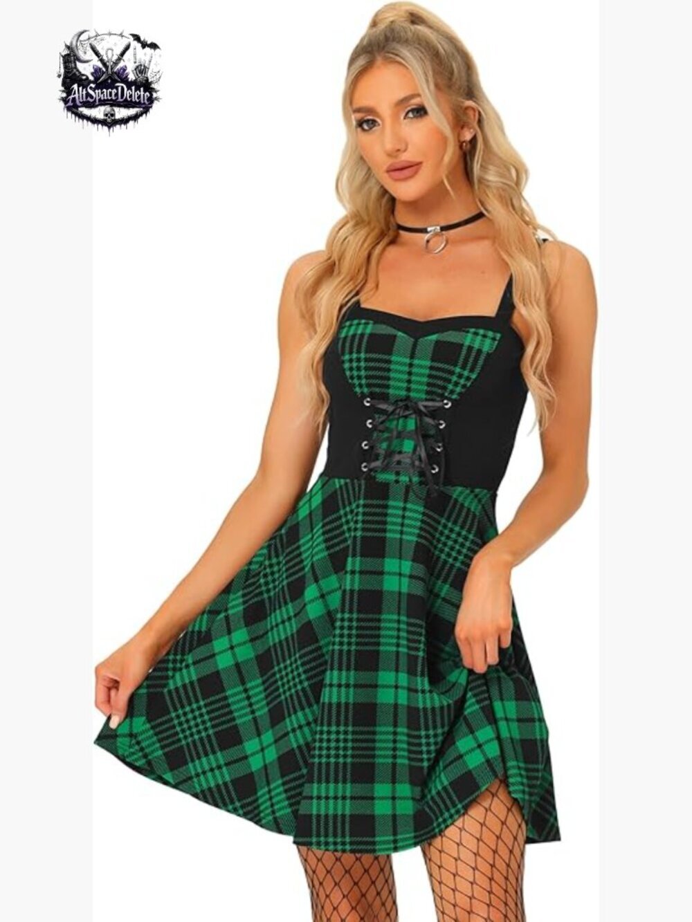 Plaid Lace Up Mini Dress Sleeveless A-Line Fit Flare Gothic Party